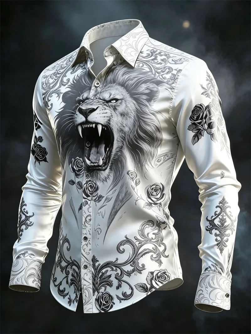 

New black satin silver feather carved print men's long sleeved shirt light luxury business casual slim fit shirt
