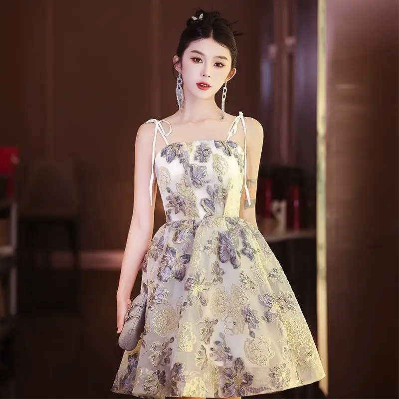 

French Style Printing Suspender Dress Women BIg Bow Zipper A-line Homecoming Dresses Exquisite Elegant Modern Party Gown