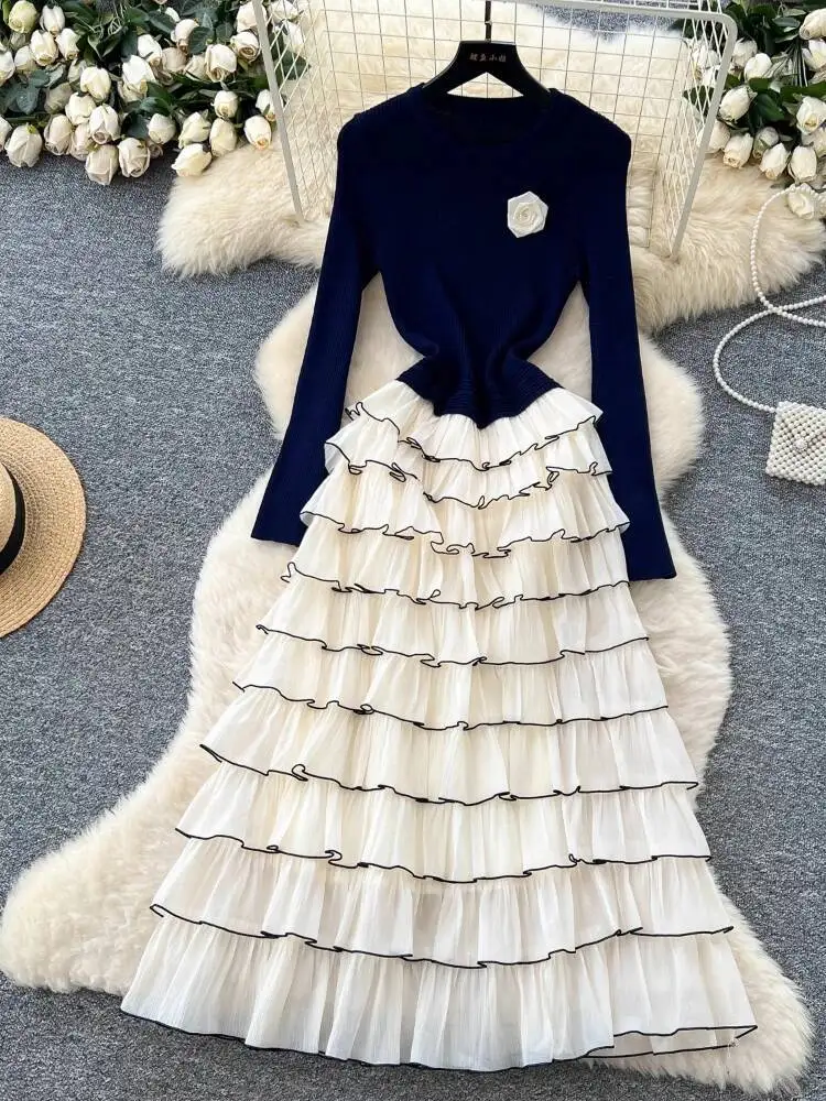French Floral Vintage Dress Women Autumn Winter Round Neck Long Sleeved Knitted Patchwork Dresses Ladies Elegant Party Long Robe