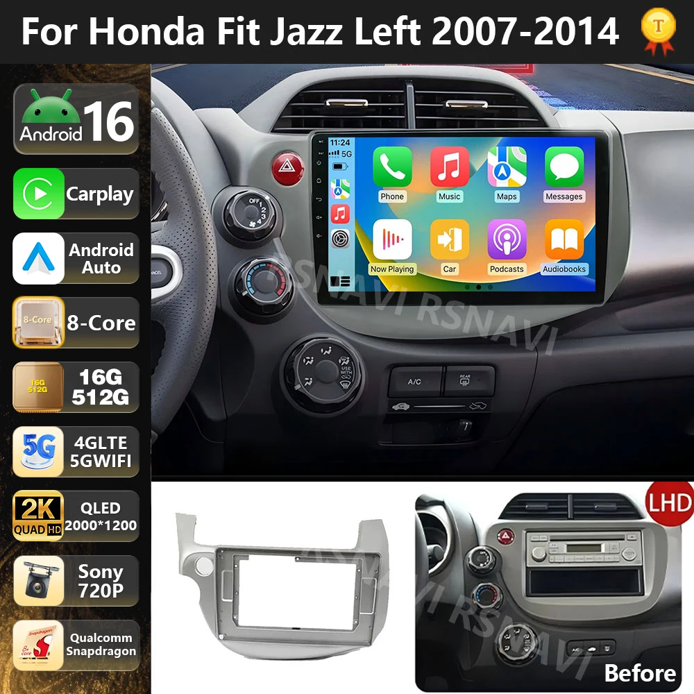 Qualcomm Android15 Car Stereo Radio Multimedia Wireless Carplay Android Auto For HONDA FIT JAZZ 2008 2009 - 2013 WIFI+4G BT DSP