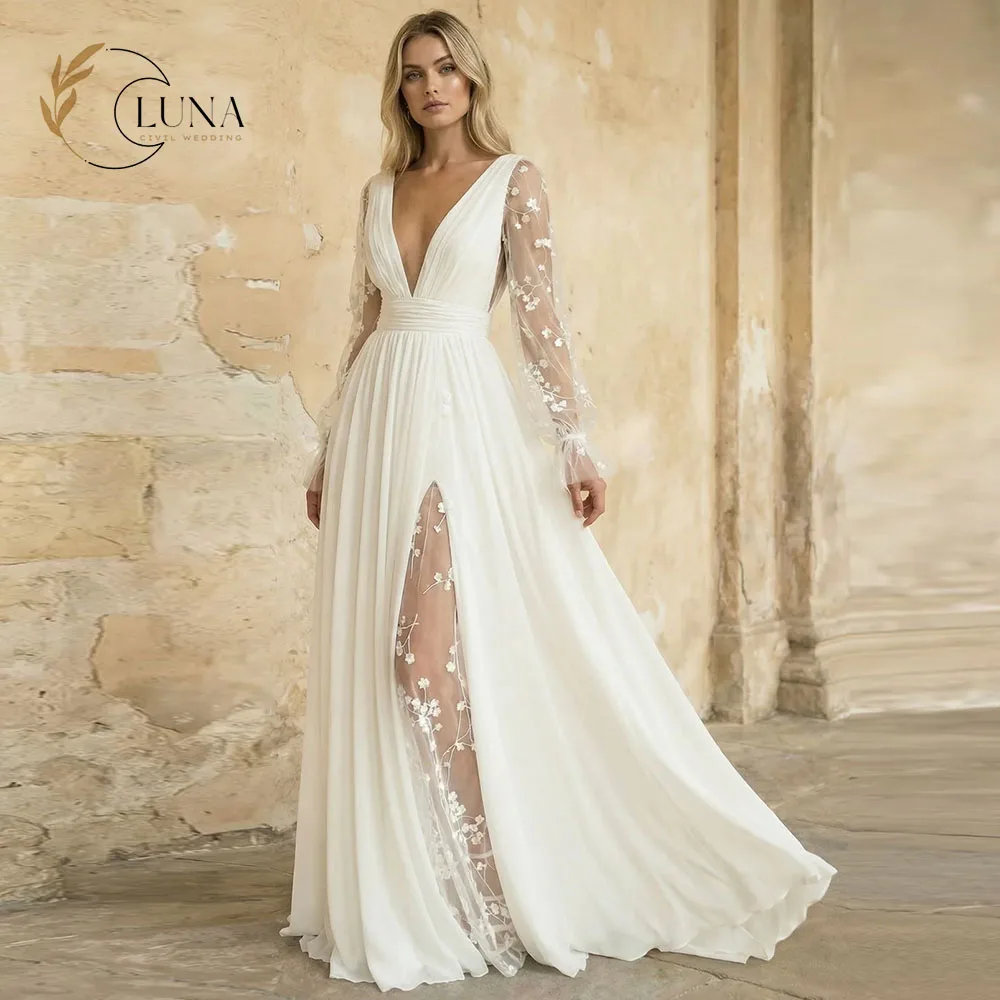 Luna Customized Beach Vestidos Novia V Neck Long Sleeves Wedding Dress For Bride Sexy High Slit A Line Lace Chiffon Bridal Party