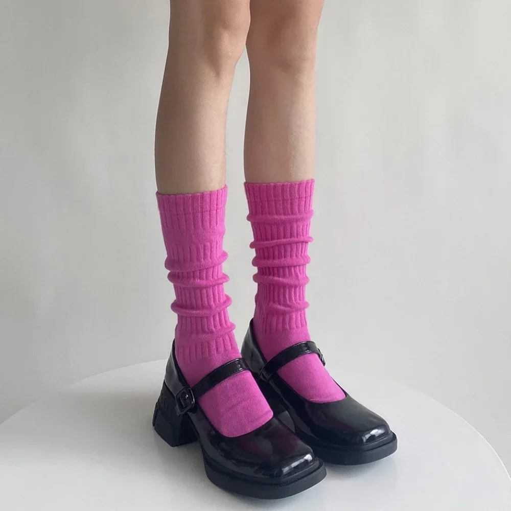 

Розово-красные длинные носки, женские осенне-зимние женские носки, вязаные хлопковые носки JK Lolita Sweet Girls Kawaii, милые носки с рюшами, новые