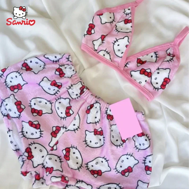 Sanrio Hello Kitty Loose Ladies Pajama Two-Piece Womens Cartoon Sleep Bottoms Lounge Home Wear Summer Beachwear for Women Suits