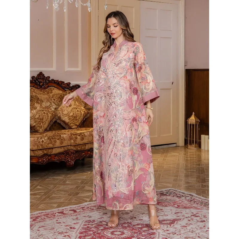 

Праздничное женское платье-абайя с цветочным принтом, кафтан, джалабия, мусульманское платье для вечеринок, Дубай, длинное платье, Рамадан, Марокко, кафтан, длинный халат 2026