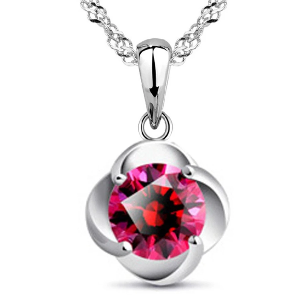 

925 Sterling Silver Stylish Simple Red Zircon Flower Necklace Birthday Party Anniversary Gift