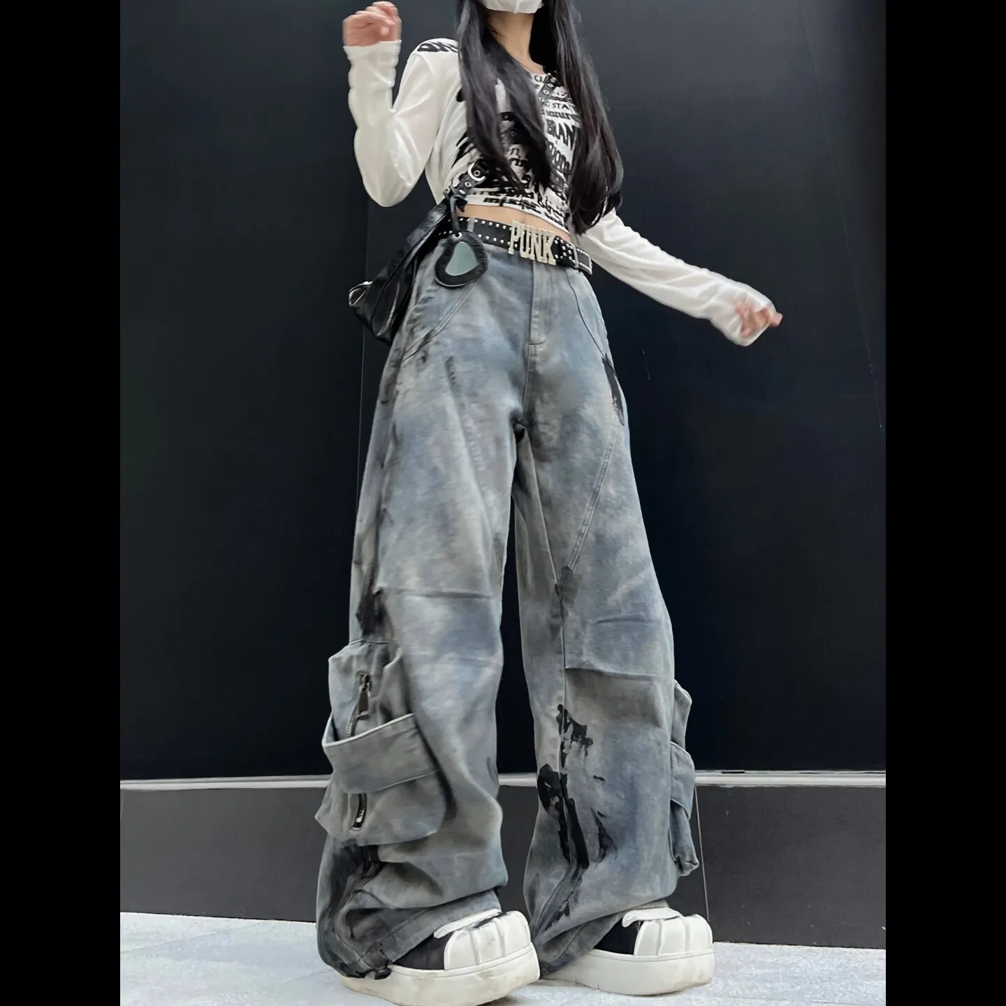 Womens Blue Graffiti Tie Dye Cargo Pants Distressed Draped Floor Length Trousers for Hip Hop Jazz and Street Dance Practice