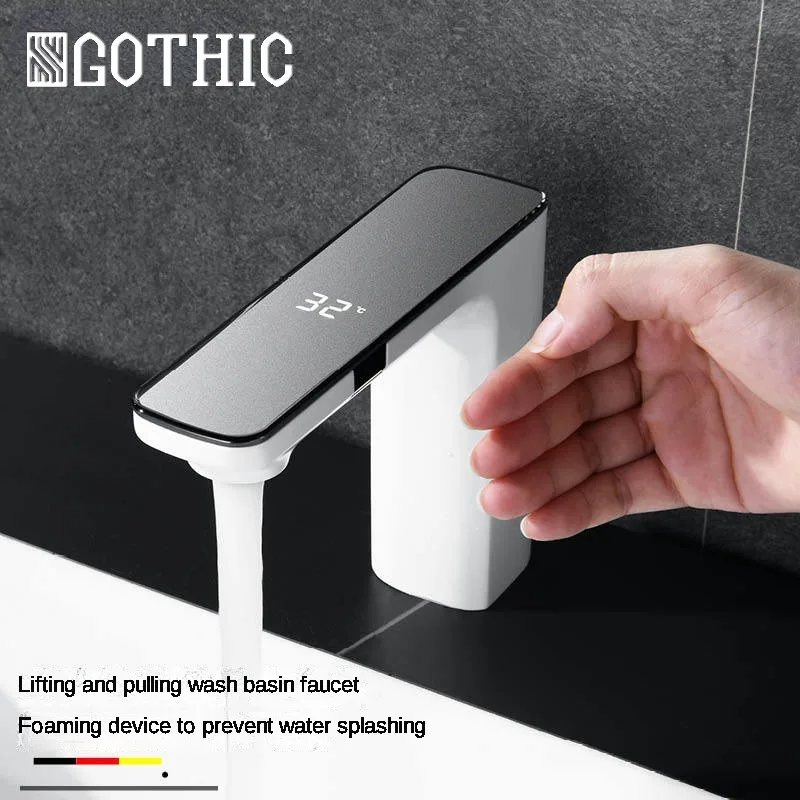 

Washbasin Double Induction Basin Faucet Gun Gray Intelligent Hydraulic Power Generation Digital Display Bathroom Faucet White