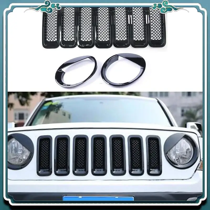 

ABTU-9Pcs Front Grille Grill Mesh Grille Insert Kit + Style Headlight Lamp Cover Trim For Jeep Patriot 2011-2016