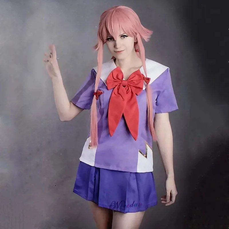 CyJapanese Anime Future Diary Gasai Yuno Mirai Nikki School Uniform Sailor Dress Cosplay Costume Suit Wig view 4