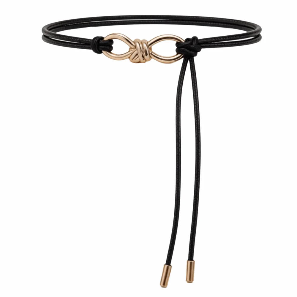 Fashion Knotted Leather Waist Belt Adjustable Solid Color Thin Women Belt Long Length Simple Metal Buckle Belt for Jeans