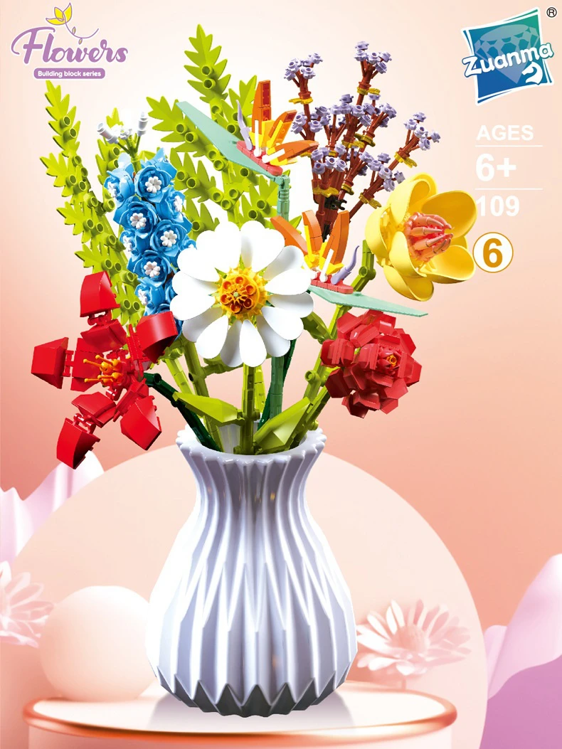 742pcs Vase color is random bouquets potted plants creative desktop decorations birthday gifts building blocks flower toys