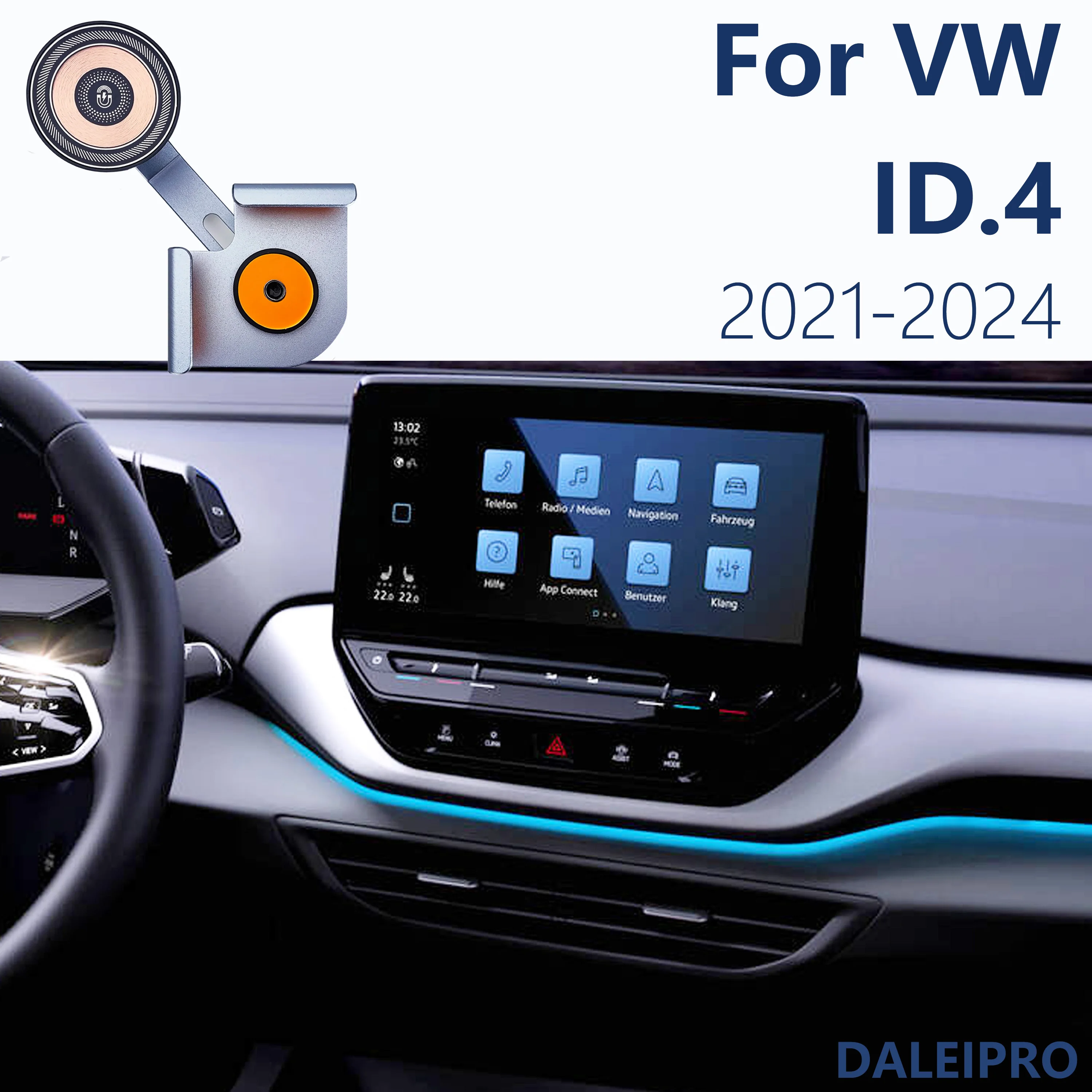 Support de téléphone de voiture pour Volkswagen, support de charge sans fil, support de base en alliage d'aluminium, aspiration magnétique, écran d'affichage, partenaires, ID4, ID.4