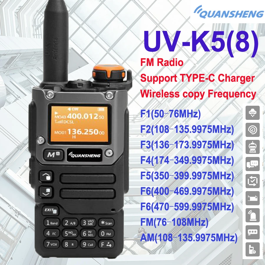 Quansheng UV-K5(8) Walkie Talkie 5W Air Band Radio Type C VHF  FM Scrambler NOAA Wireless Copy Frequency Two Way CB Radio UV-K6