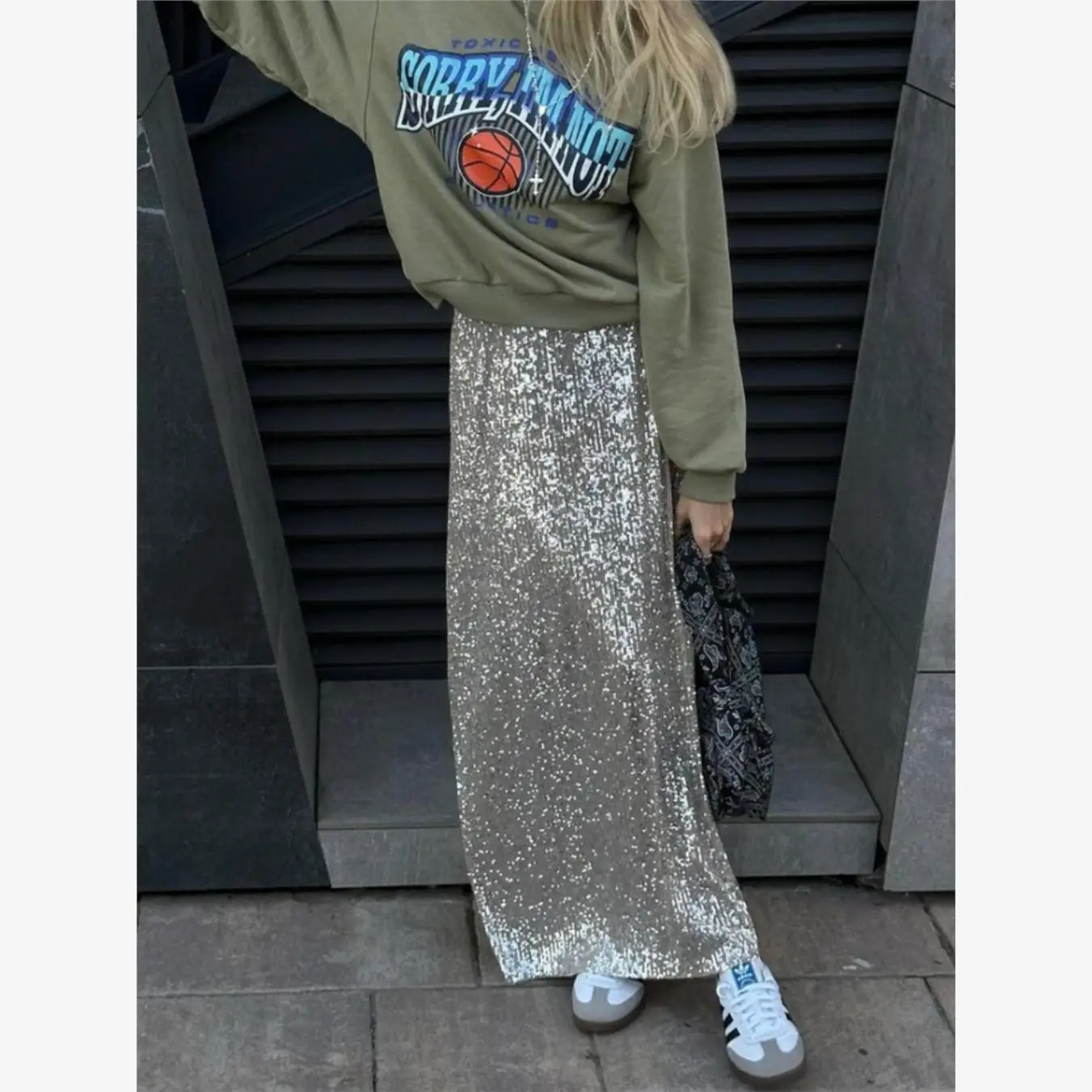 Sparkling Sequin Long Skirt High Waist  Dress Women's Fashionable Street Style Sexy Glittering Party Evening Gown