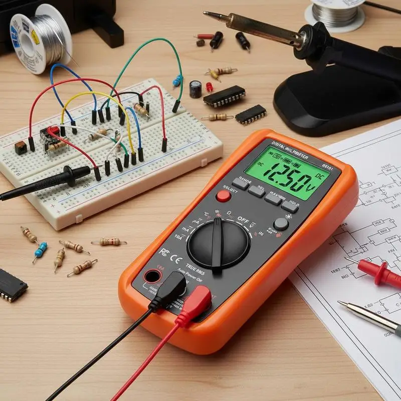 

TRMS Multimeter Tester 7.3" x 3.5" For Home Maintenance, Automotive Repair, Laboratory Testing, 4000-Count DC/AC Voltage Current Resistance Capacitance Temperature Diodes Continuity Duty-Cycle Measurements Auto-Ranging LCD Display Handheld Meter