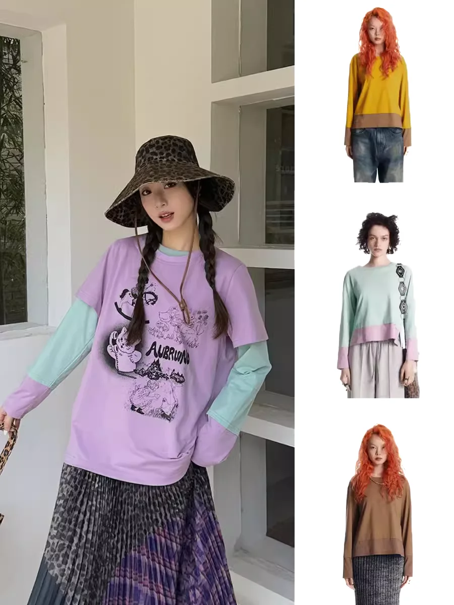 

AUBRUINO Long Sve Color Blo Top Women's Commute Sle Regular Length round Ne T-irt for Early Autumn