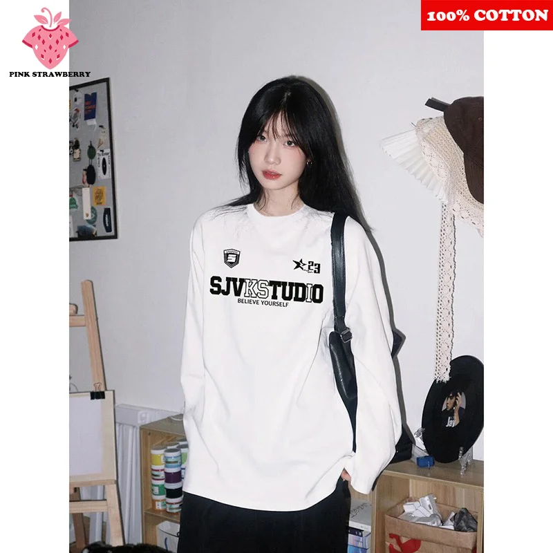 

American street Letter Print T-shirt Women Autumn 2025 New 100% Cotton Oversize White Long sleeves Tee Y2k Tops Ladies clothing
