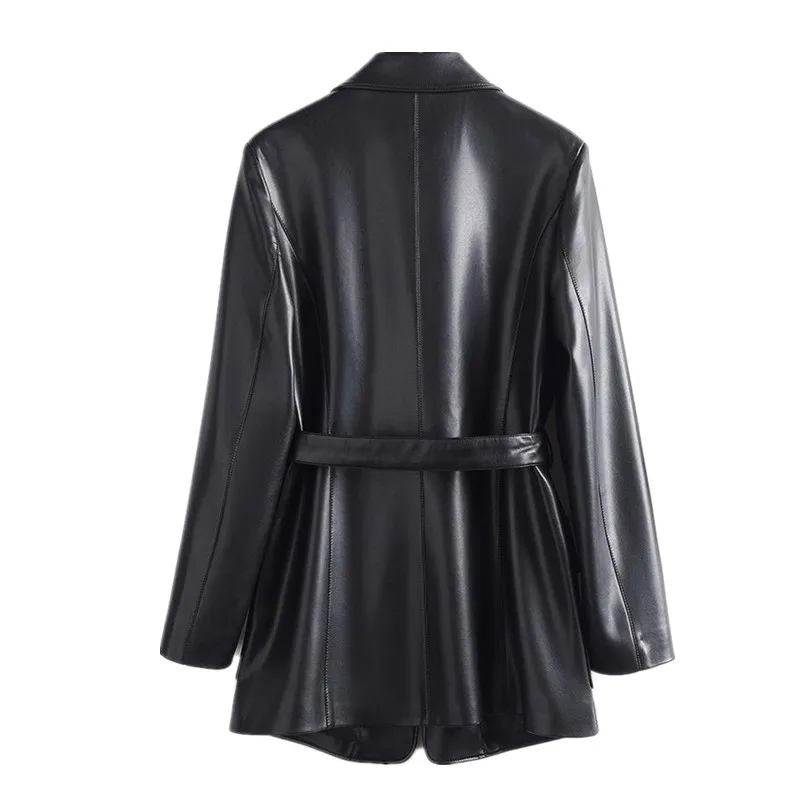 Damski garnitur jesienno-wiosenny, skórzana kurtka z kołnierzem, nowa moda, płaszcz wiatrówka o średniej długości, damski casualowy płaszcz ze skóry owczej z paskiem T1493