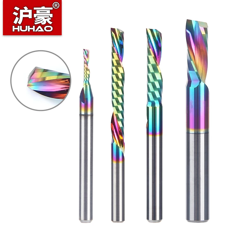 HUHAO 3.175/4/5/6mm Shank Single Flute Carbide Spiral End Mill DLC Coating 3D CNC Engraving Milling Cutter for Wood Acrylic Tool