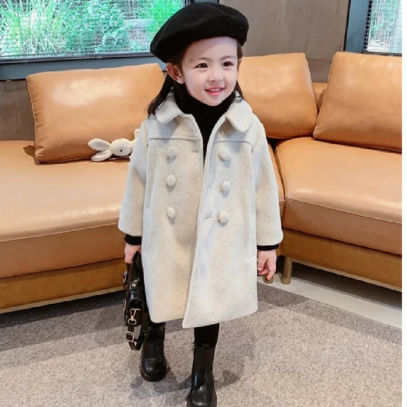 Double Breasted Girls Woolen Coats New Autumn Winter Trench Jacket Coat 2-6Yrs Children Clothes For Kids Outerwear Birthday Pres