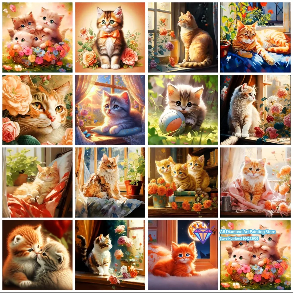 Window Cat Flower Warm Art 5D DIY Diamond Painting Set with Square and Round Diamonds Handmade Crafts Home Decor Gifts