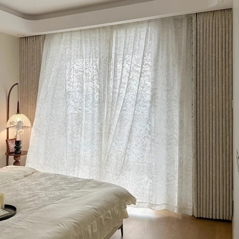 French-Style Embroidered Shimmering Sheer Voile Light-Filtering Privacy Fabric Elegant Curtains for Living Dining Room Bedroom
