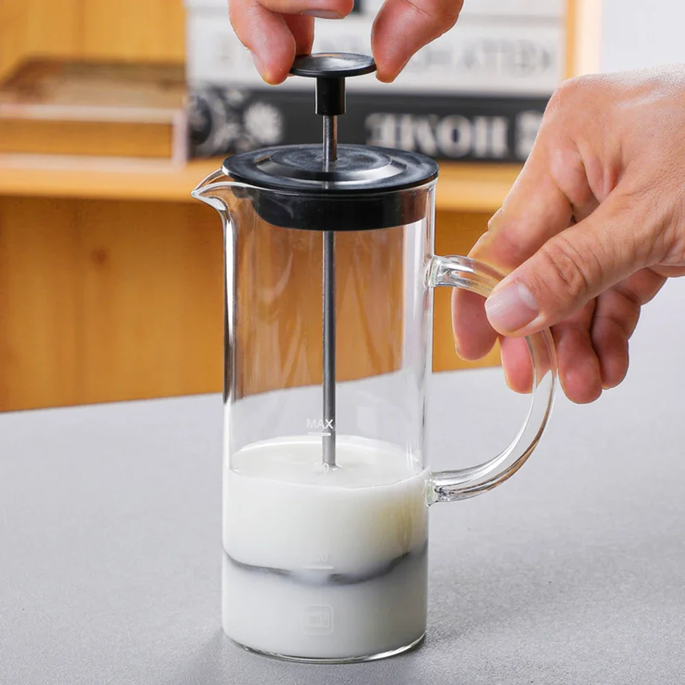 Manual Milk Frother Glass Milk Foamer Coffee Pot Glass Mesh French Press Coffee Maker Frother Jug Mixer Creamer Kitchen Tools