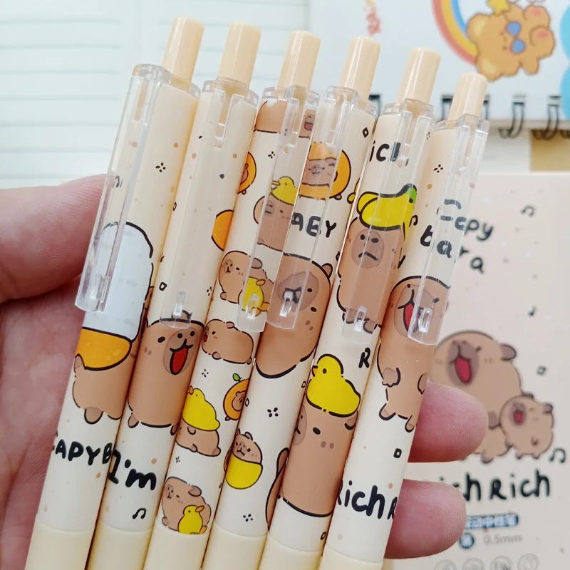 6pcs Kawaii Capybara Gel Pen Quick-Drying Black Ink Writing Smooth School Supplies Aesthetic Pens Cute Korean Stationery