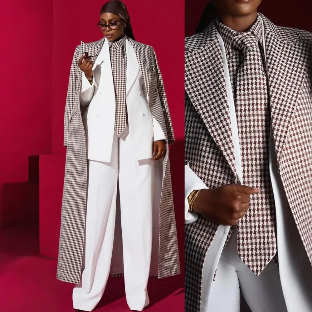 Luxury Women's Houndstooth Long Coat Suit Double Breasted Oversized Trench 3 Piece(Overcoat+White Jacket+Pants) Set