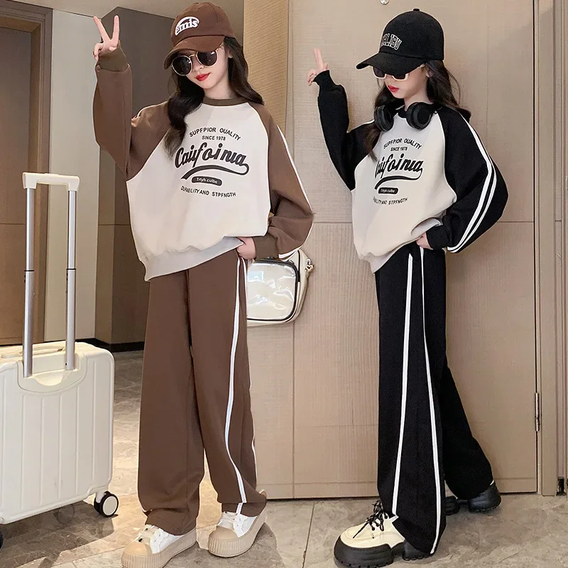 

Autumn Girls Sweatshirt Set Kids Printed Letters Splicing Top Straight Pants 2 Piece Suit 3-15Y Teenagers Spring Clothes Trend