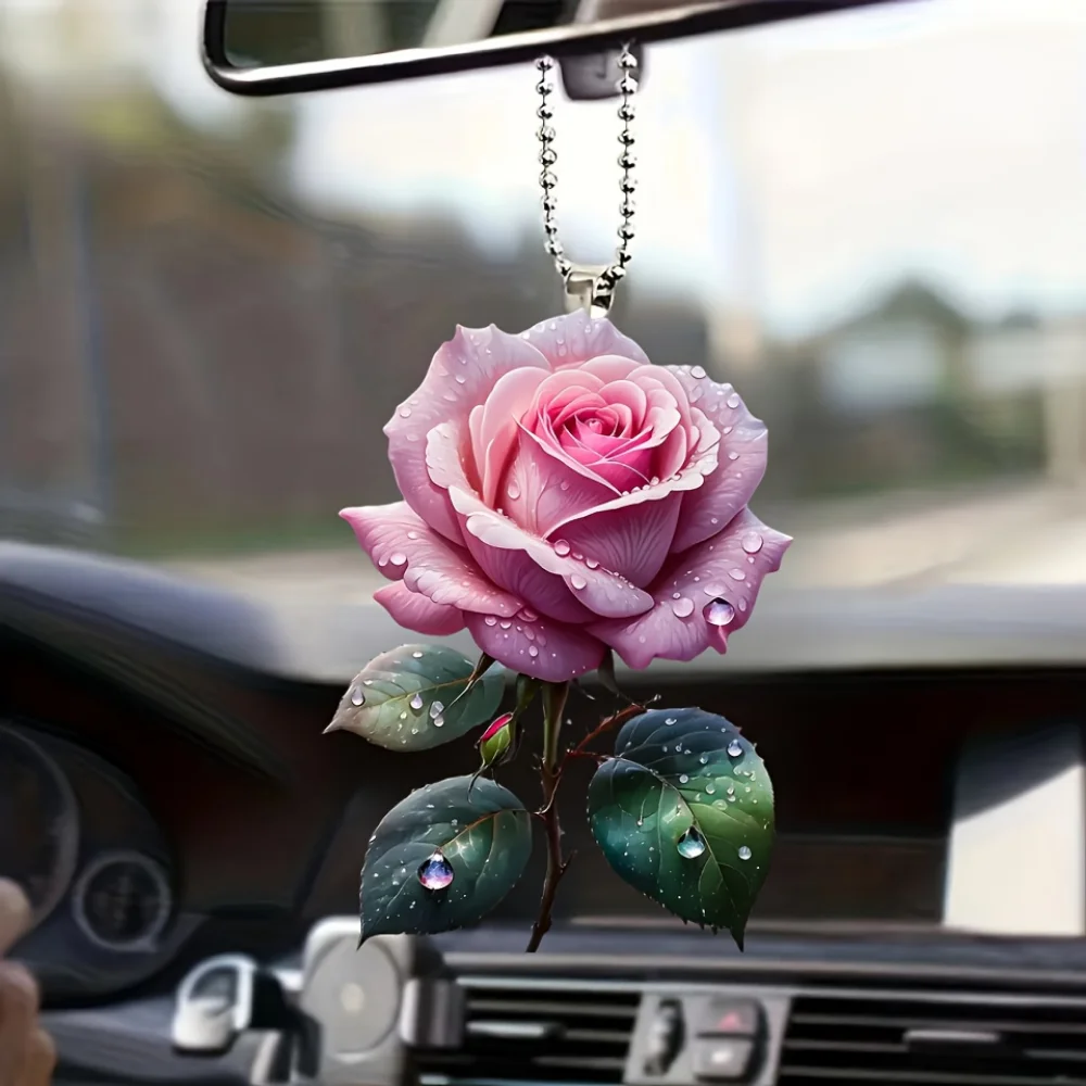 Chic Pink Rose Acrylic Pendant Versatile Charm Charming Flower Keychain for Car Mirrors,Backpack,Home,Festive Party,Gift & Decor