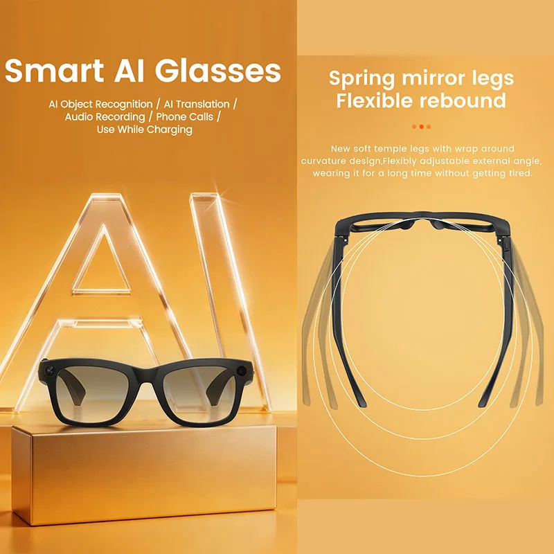 AI Smart Glasses 800W Camera Anti-shake 1080P Al Object Recognition Photo Translation Audio Recording Video Call Smart Glasses