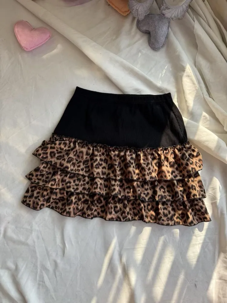 High Waist Short Skirt Splicing Y2K Millennium Puffy Cake Half Body Leopard Print Subculture Slimming A-Line Skirt