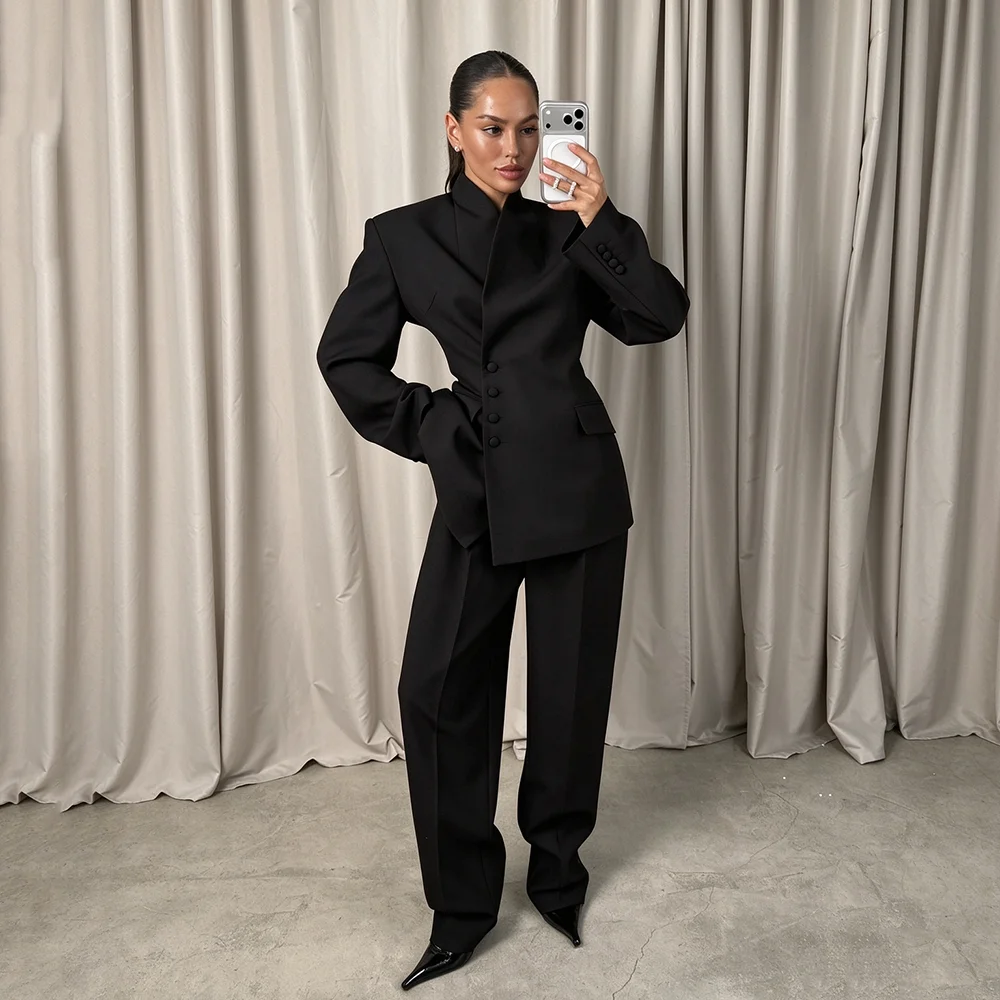 Fashion Black Women's Suit Single Breasted 2 Piece Set Jacket Pants Office Smart Casual Blazer Set High Quality Female Clothing
