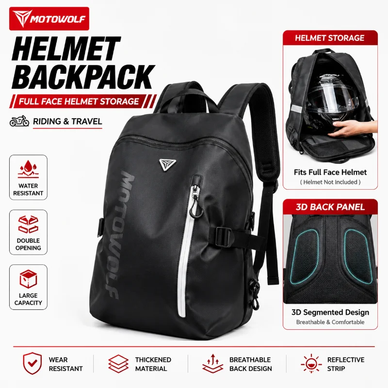 MOTOWOLF Motorcycle Helmet Backpack Waterproof Full Face Helmet Storage Bag Riding Travel Backpack for Men Women