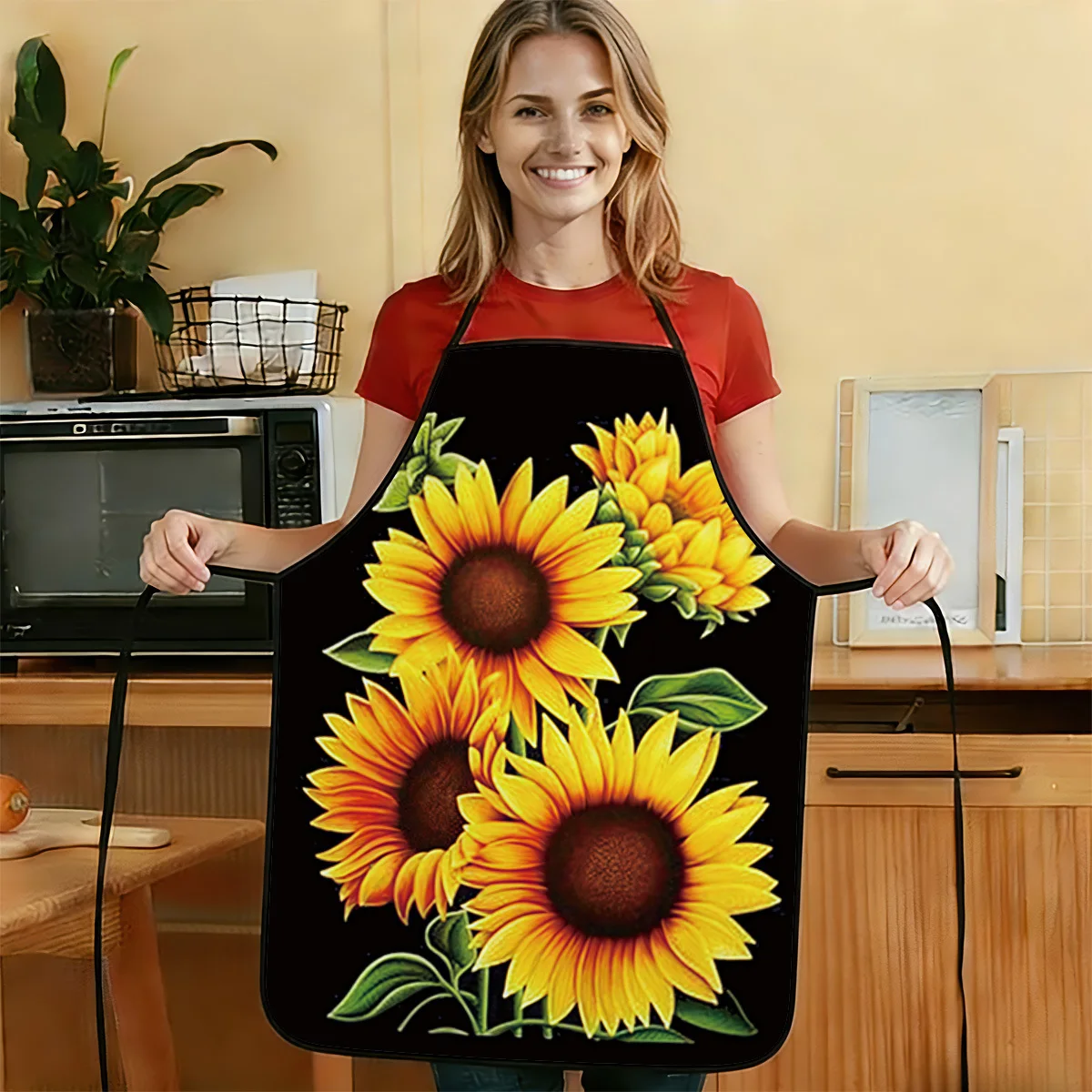 1pc Of 2D Flat 226 Black Background Sunflower Print Apron Durable And Easy To Clean Adjustable Waist Strap Made Of Polyester U