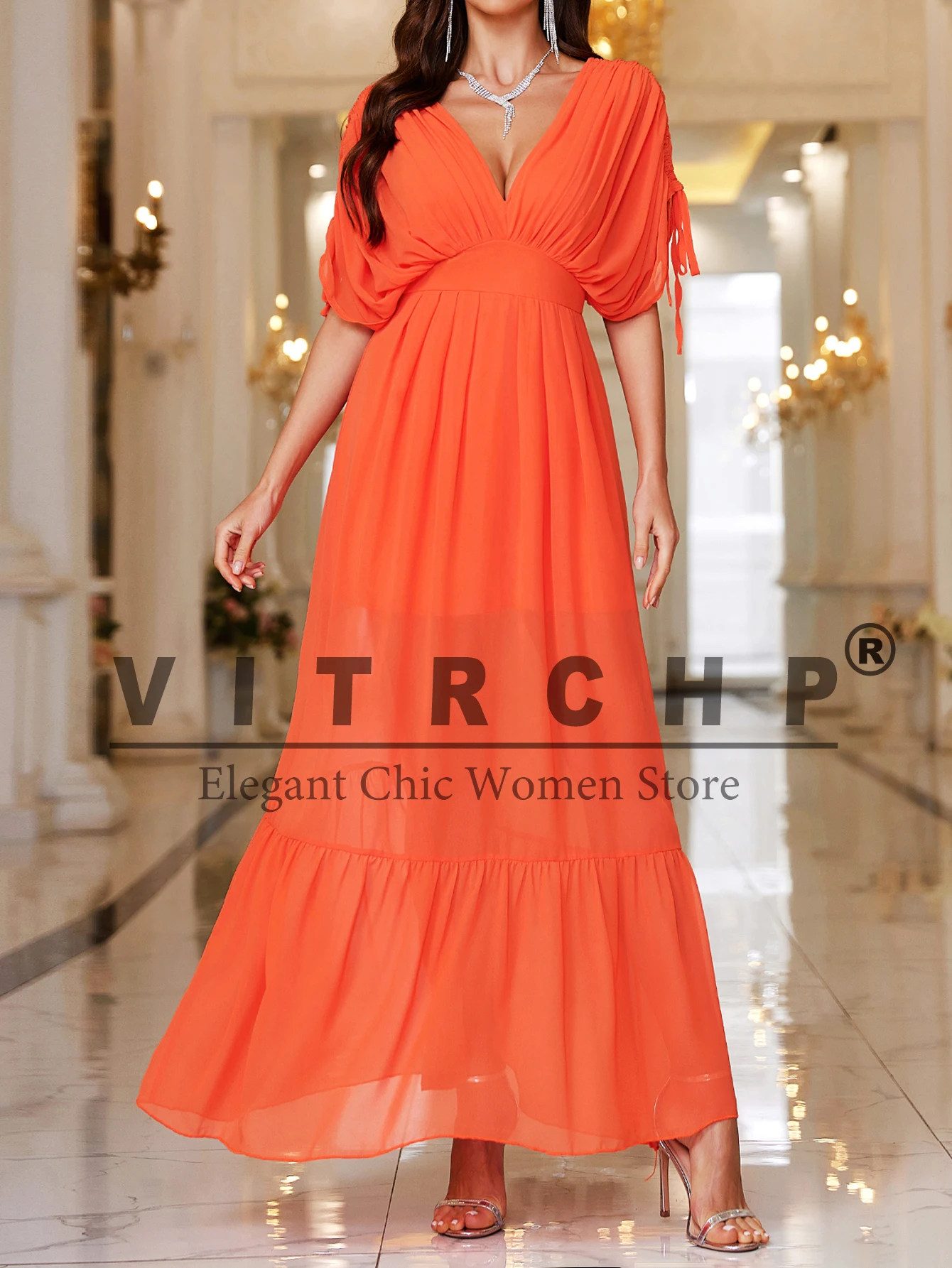 VITRCHP Orange Evening Wedding Party Dresses V-Neck Sexy Tulle Long Dress For Dancing Parties Prom Gown Summer Beach Vestidos