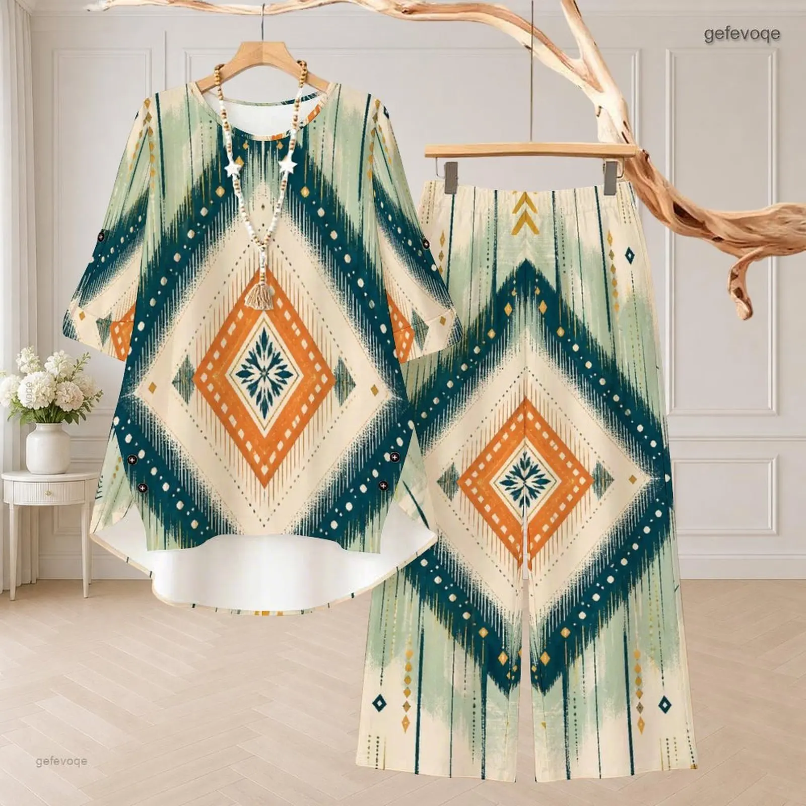 Women Abstract Watercolor Printed Round Neck 3/4 Sleeve Top and Wide Leg Long Pants Two Piece Set
