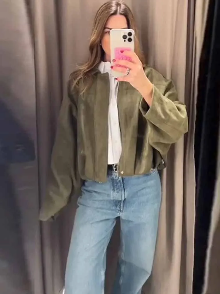 

Замшевые короткие пальто на молнии с длинными рукавами, осень 2021, модная женская верхняя одежда, винтажная зеленая куртка-бомбер, женская уличная куртка с лацканами