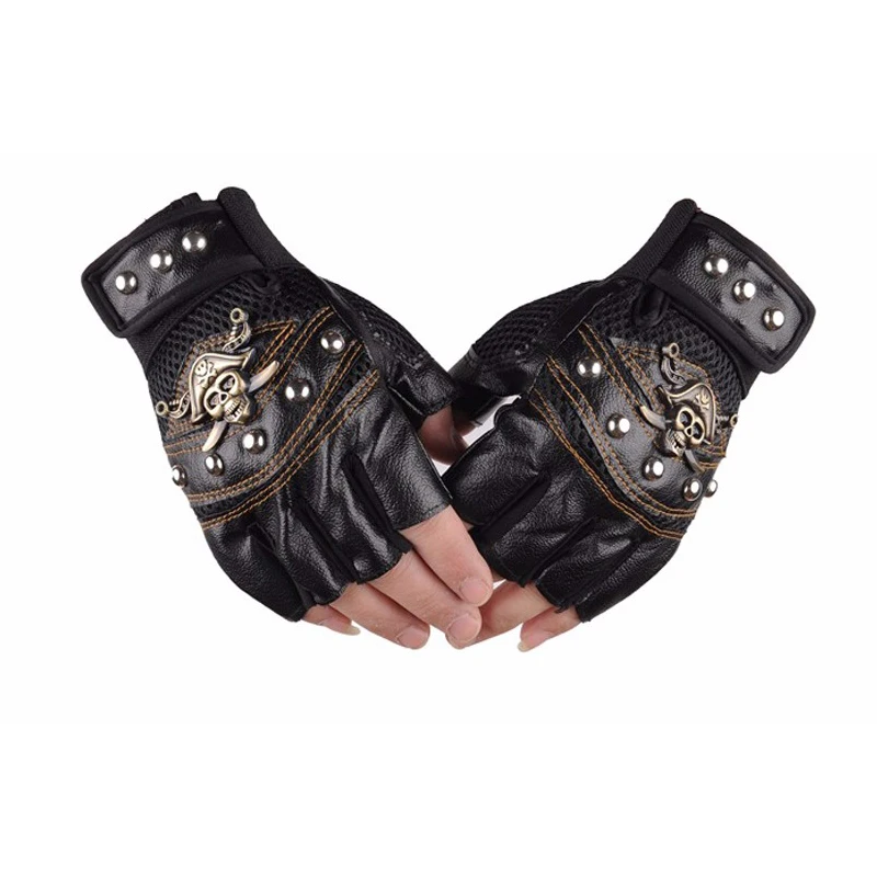 

Leather Motorcycle Motocross Racing Gloves Half Fingers Pirate Skull Rivet Punk erkek bisiklet guanti moto leder handschuhe