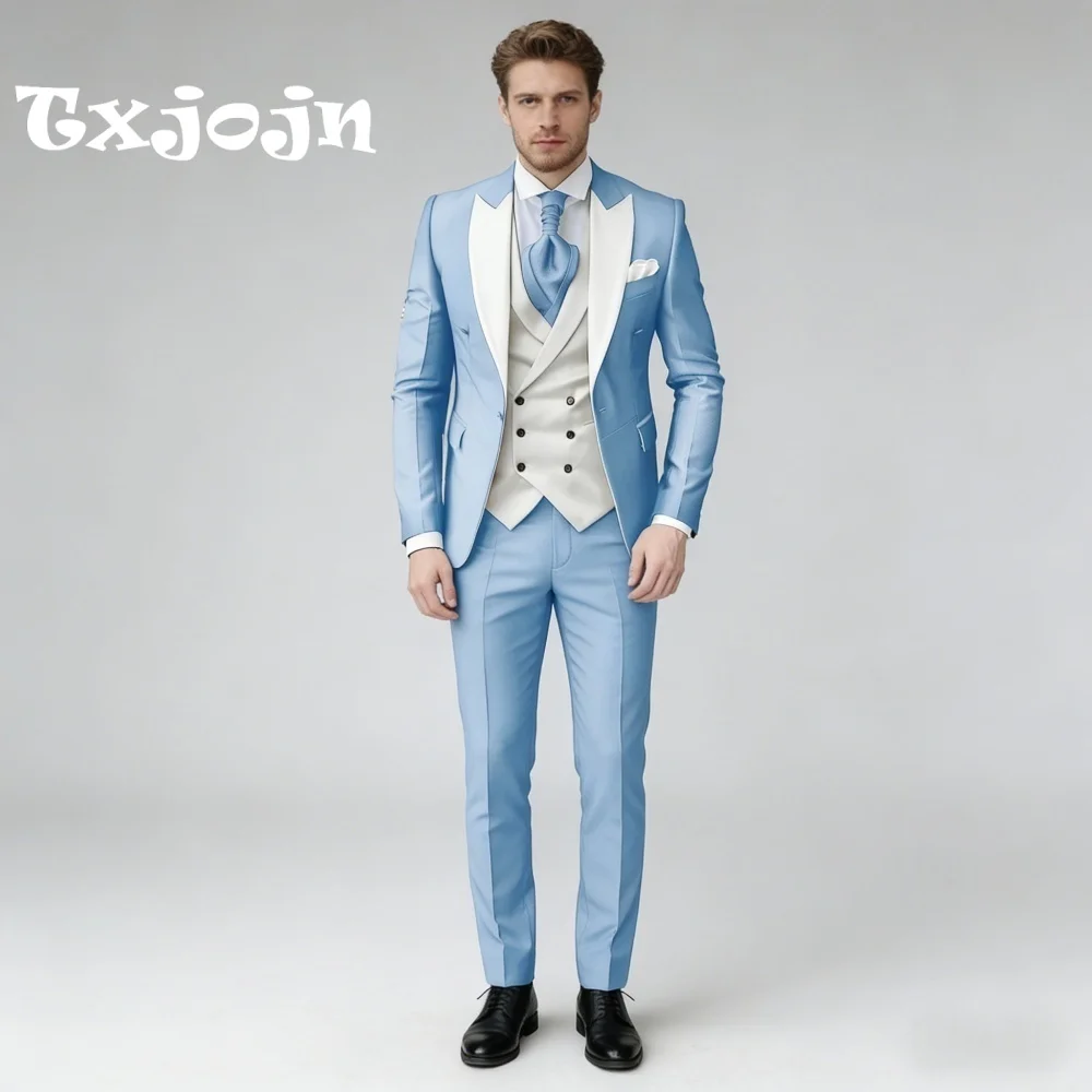 

Exquisite Sky Blue White Contrast Party Formal Shawl Lapel 3PCS Suit Set Includes Jacket Vest Pants Evening Party Customized