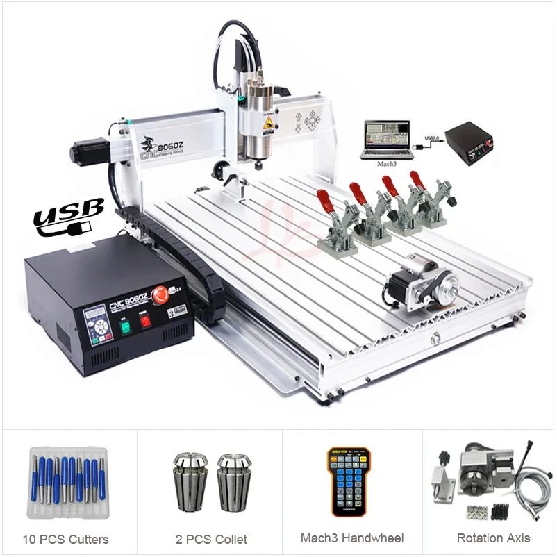 

4Axis USB Port CNC 8060 2.2KW Spindle March3 ER20 Collet CNC Router 3D Metal Cutting Machine Aluminum Engraver CNC Wood Milling