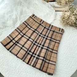 Korean Version of Pleated Skirt Contrast Color Plaid Striped Skirt Autumn High Waist A Line Plaid Mini Skirt Student Style Sweet