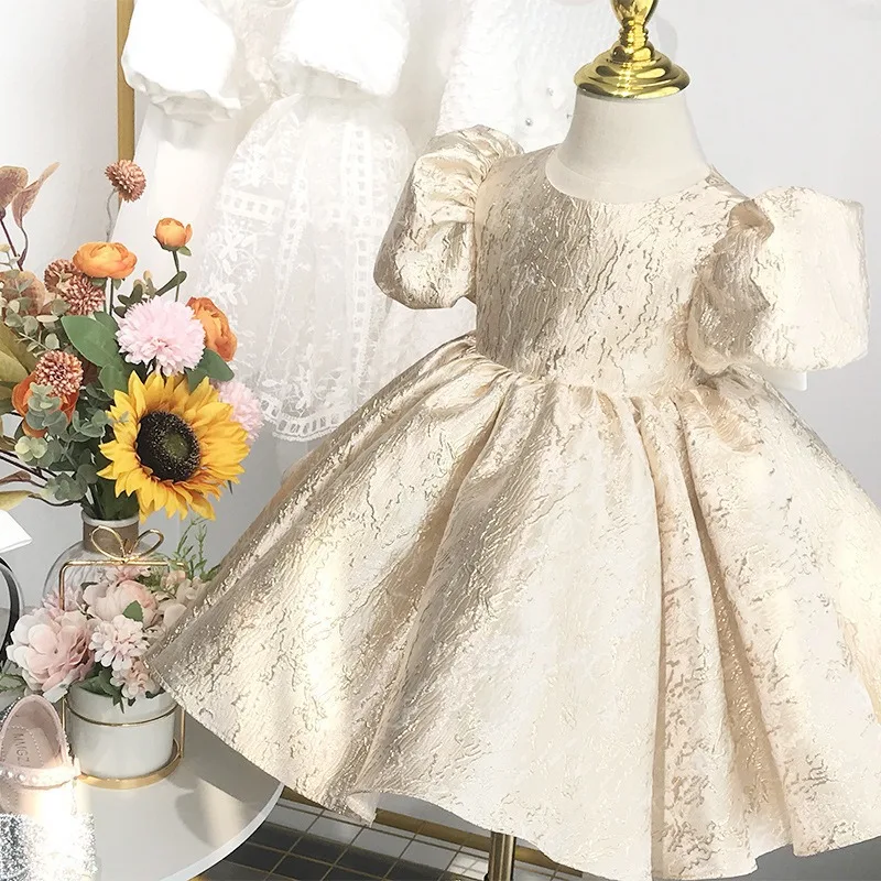 Baby Girl Princess Dress Puff Sleeve Infant Toddler Teen Bow Vestido Gold Party Birthday Ball Gown Xmas Baby Clothes 0-8Y 2023