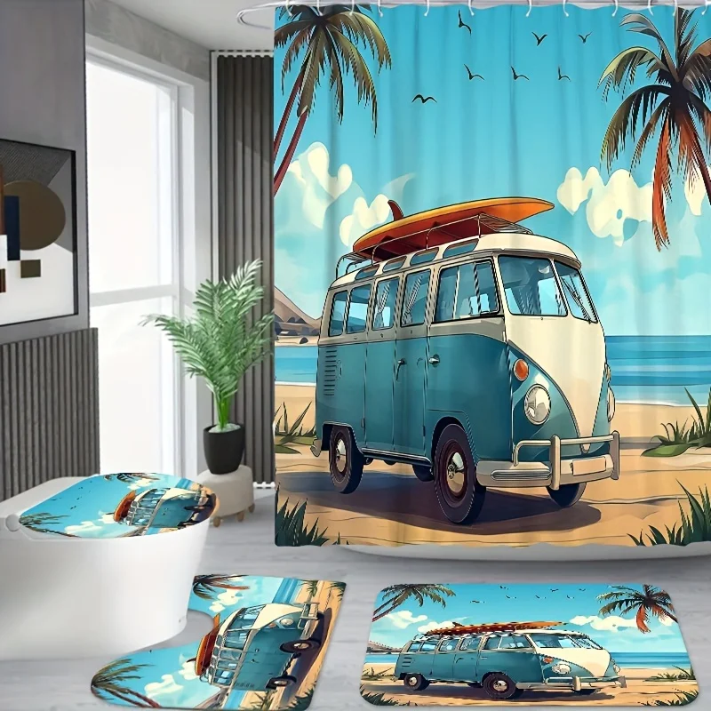 Surfing Beach Scene Shower Curtain Set with Hooks - Machine Washable, Fade-Resistant Polyester Fabric, Coastal Camper Van De