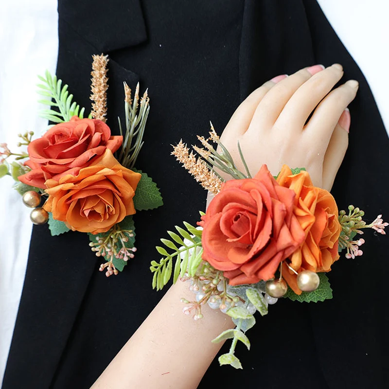 25037 Orange Bohemian Rose Flower Boutonniere and Wrist Corsage Perfect for Brides Groomsmen and Wedding Decorations