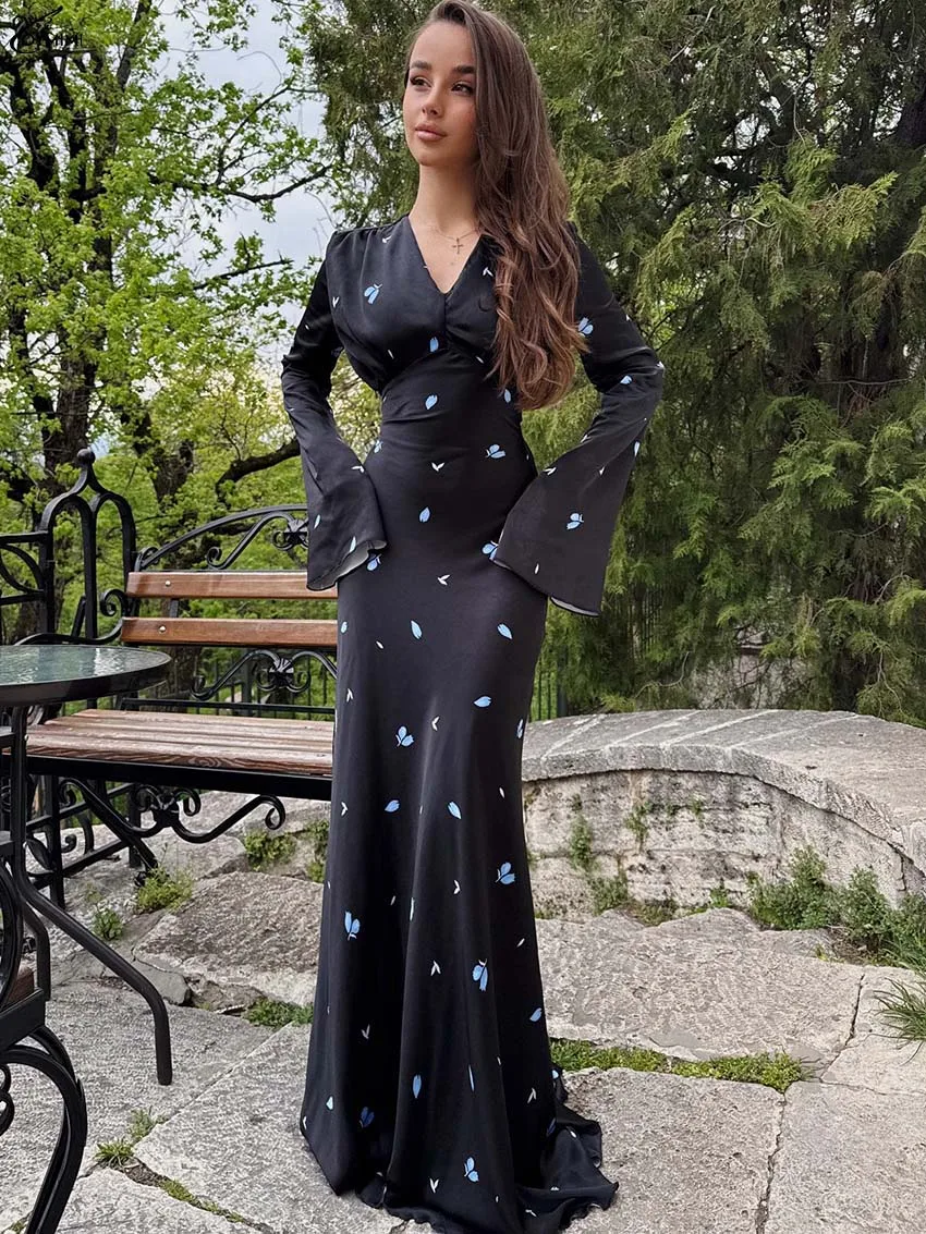 

Oymimi Casual Black Print Womens Dresses Fashion V-Neck Long Sleeve High Waist Dresses Autumn New Lace-Up Floor-Length Dress