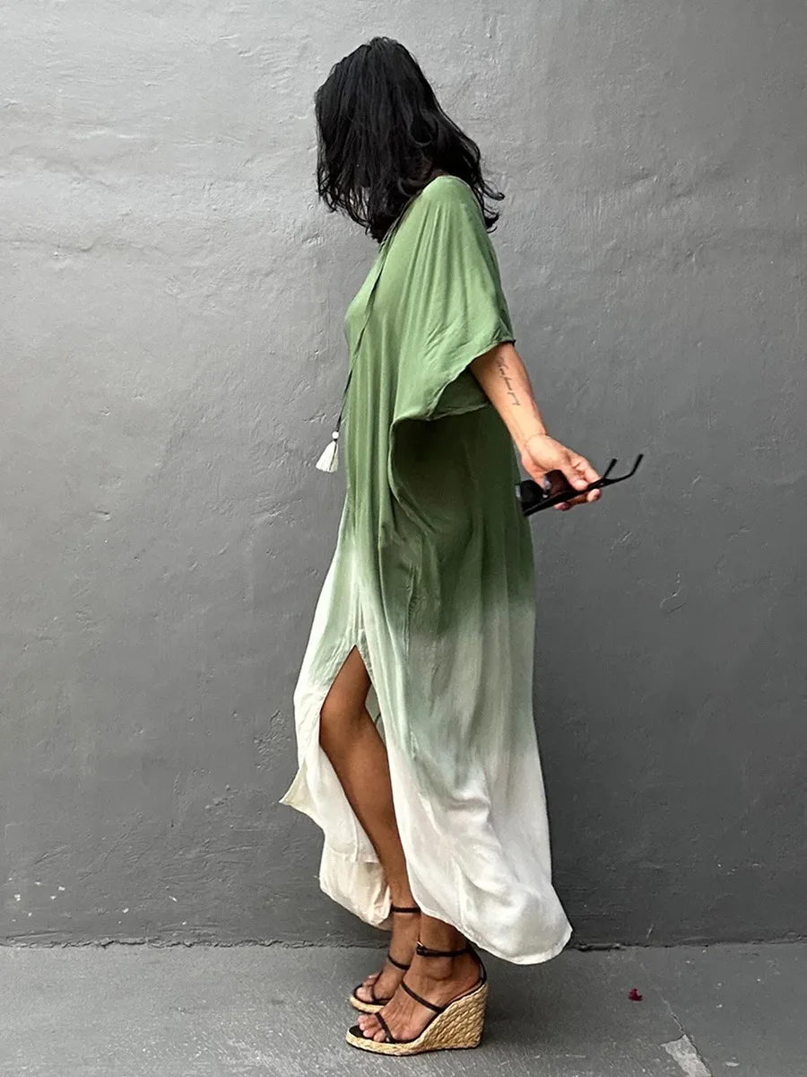Women Tie Dye Kaftan Dress Plus Size Beach Cover Up Short Sleeve Caftan Maxi Dresses