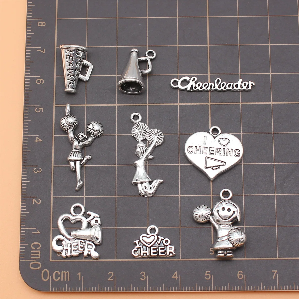 9pcs Antique Silver Color Cheerleaders Charms Collection For DIY Jewelry Making, 9 Styles, 1 of Each