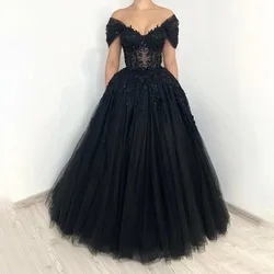 Black Tulle Prom Dress Elegant Lace Embroidery فساتين السهرة Sexy V-neck Off Shoulder Ball Gown Evening Dress 2024 Luxury